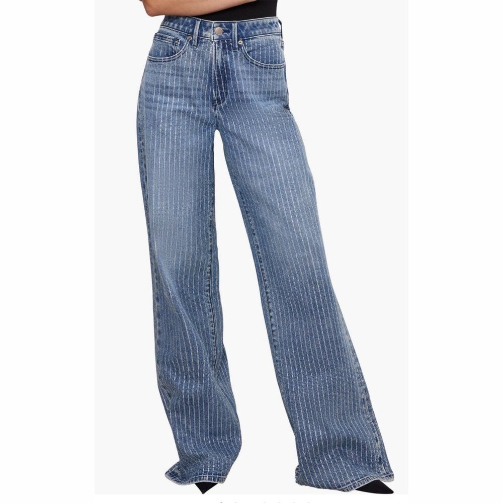 Good American Blue Pinstripe Wide-Leg Jeans